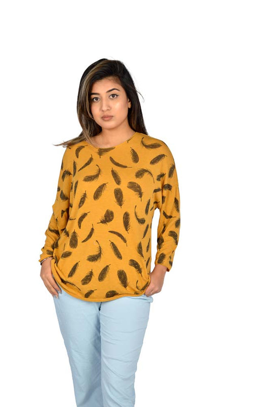 Mustard Printed Feather Top