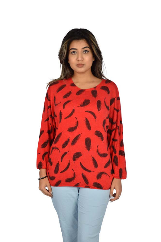 Red Printed Feather Top